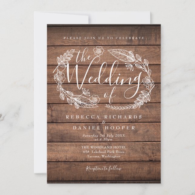Invitation Couronne florale en bois rustique écriture mariage (Devant)