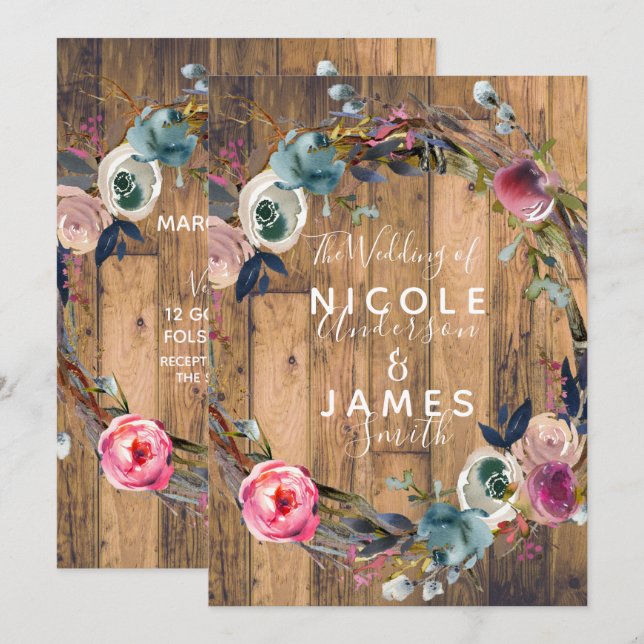 Invitation Couronne florale en bois rustique Mariage botaniqu (Devant / Derrière)