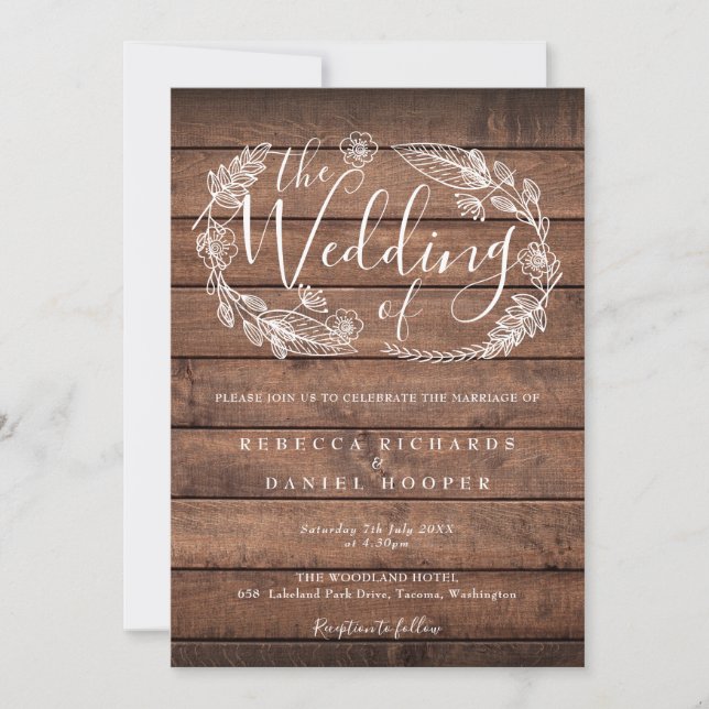 Invitation Couronne florale en bois rustique pour mariage ave (Devant)