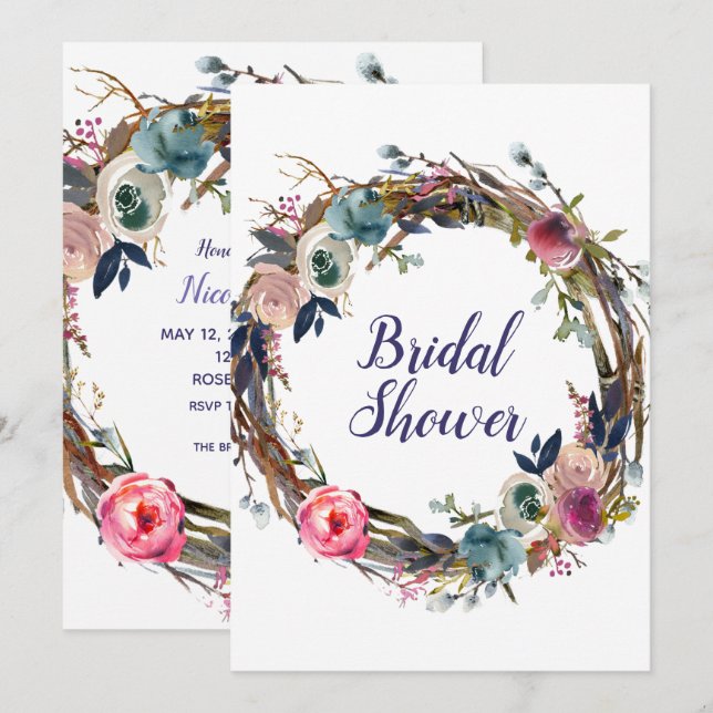 Invitation Couronne florale en branches rustiques Mariage mod (Devant / Derrière)