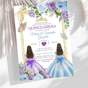 Invitation Couronne florale jumeaux Gold Purple et Blue Quinc