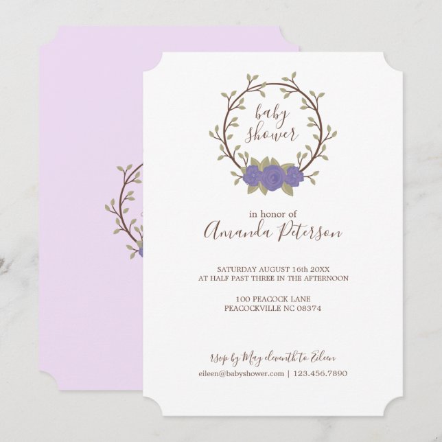 Invitation Couronne florale lilas bébé adorable Shower (Devant / Derrière)