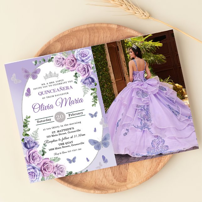 Invitation Couronne florale lilas violet Quinceañera Papillon (Créateur téléchargé)