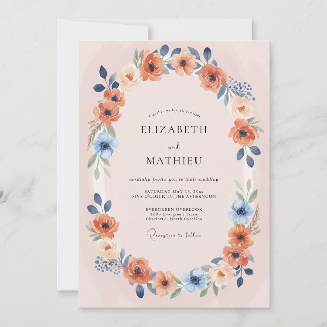 Invitation Couronne florale mariage Coral Blush (Devant)