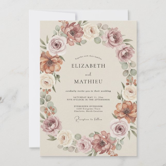 Invitation Couronne florale mariage Rose Poussiéreuse (Devant)