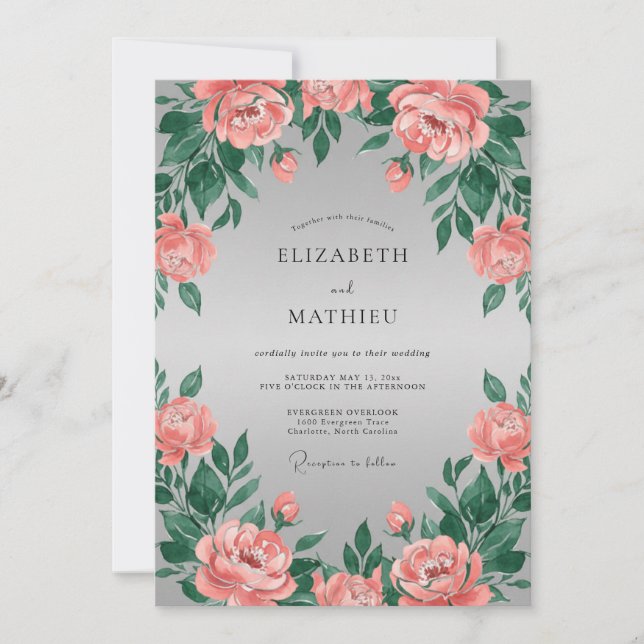 Invitation Couronne florale mariage Rouge corail (Devant)