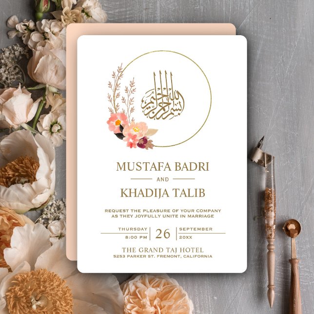 Invitation Couronne florale moderne de pêche pour mariage isl (Créateur téléchargé)