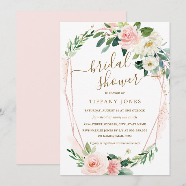 Invitation Couronne florale moderne en or rose pour douche de (Devant / Derrière)