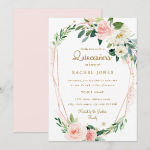 Invitation Couronne florale moderne en or rose pour Quinceane