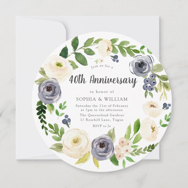 Invitation Couronne florale Navy blanche pour 40e anniversair (Devant)