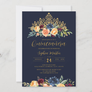 Invitation Couronne florale Navy Burgundy pour Quinceañera