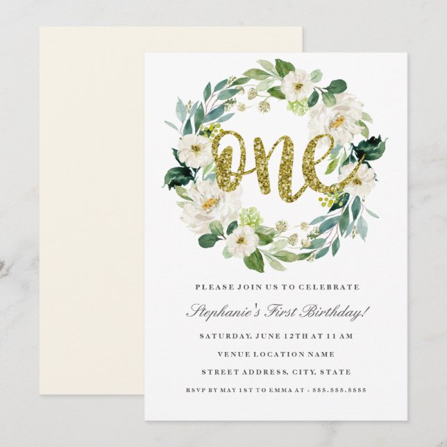 Invitation Couronne Florale Or pour Premier Annive (Devant / Derrière)