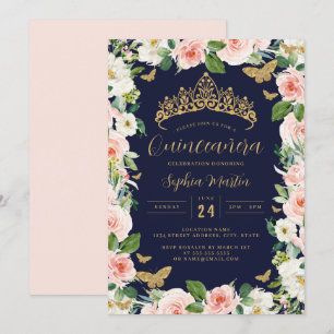 Invitation Couronne florale or rose marine burgundy Quinceane