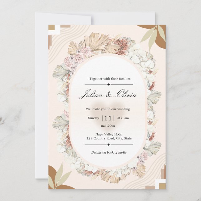 Invitation Couronne florale ovale boho beige terracotta moder (Devant)