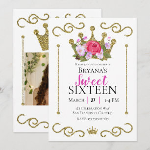 Invitation Couronne florale pailletée or Photo Fête Sweet 16