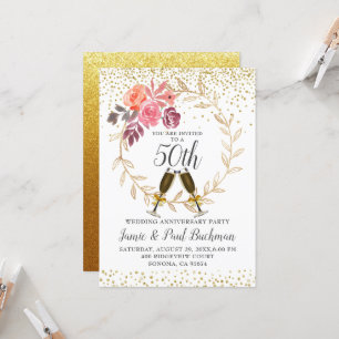 Invitation Couronne florale paillettes dorées Mariage Anniver