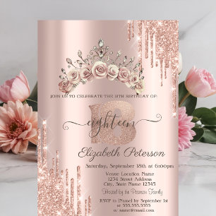 Invitation Couronne florale Paillettes Gouttes Rose Gold 18èm