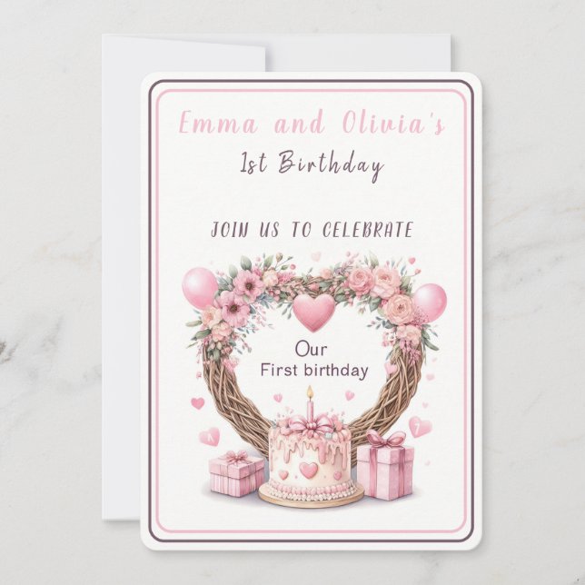 Invitation Couronne florale pastel rose jumelles premier anni (Devant)