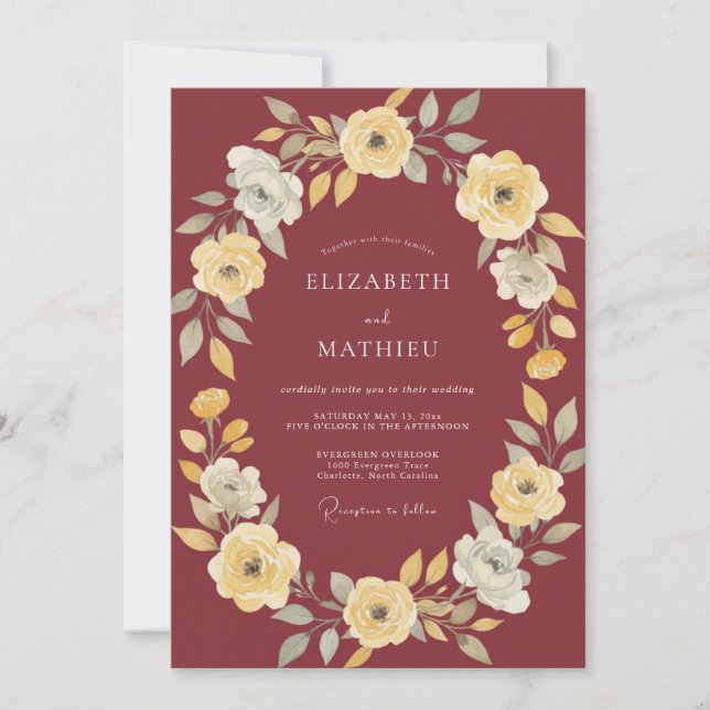 Invitation Couronne florale peinte mariage bordeaux (Devant)