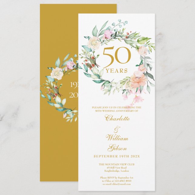 Invitation Couronne florale pour les 50 ans de mariage (Devant / Derrière)