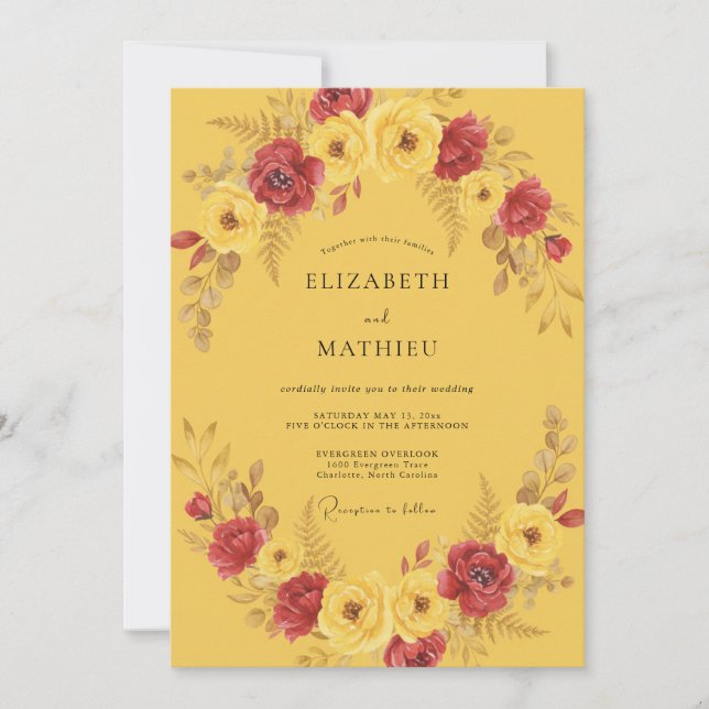Invitation Couronne florale romantique de mariage jaune mouta (Devant)