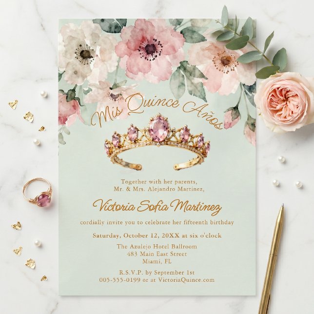Invitation Couronne florale rose aquarelle dorée Quinceañera (Créateur téléchargé)