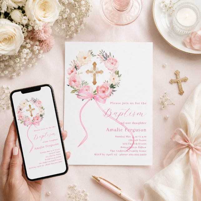 Invitation Couronne florale rose arc ruban fille baptême (Créateur téléchargé)