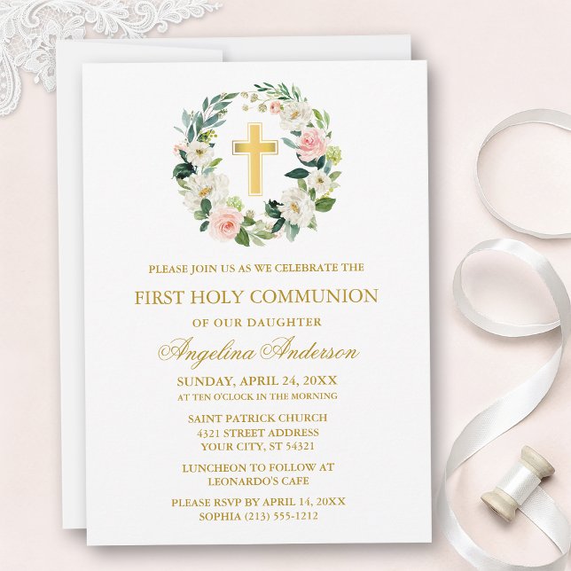 Invitation Couronne florale rose blanc aquarelle Communion Or (Customize to change text size, text style or color.)