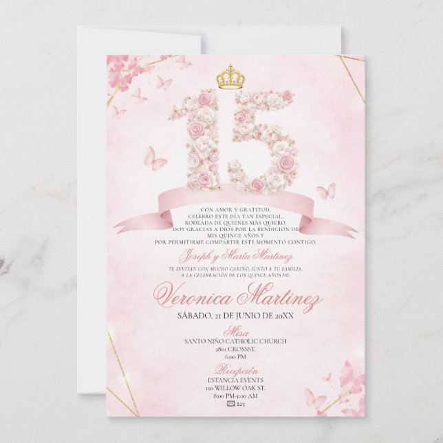 Invitation Couronne florale rose blush espagnole Papillon 15  (Devant)