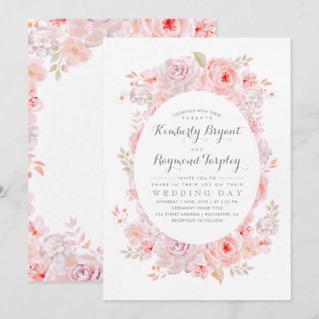 Invitation Couronne florale rose | Elégant mariage vintage (Devant / Derrière)