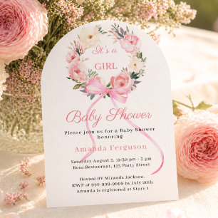 Invitation Couronne florale rose enrubannée fille arche Baby