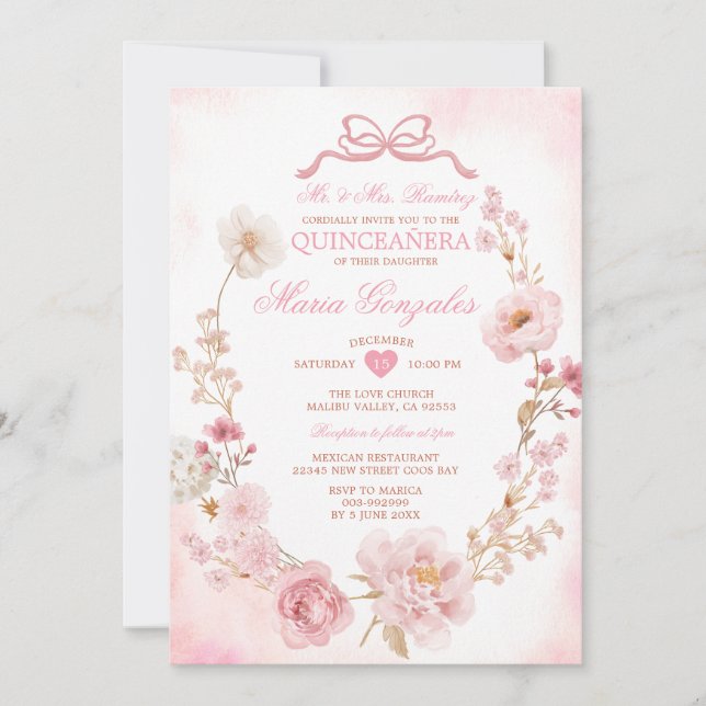Invitation Couronne florale rose fuchsia Fille Coquette Quinc (Devant)