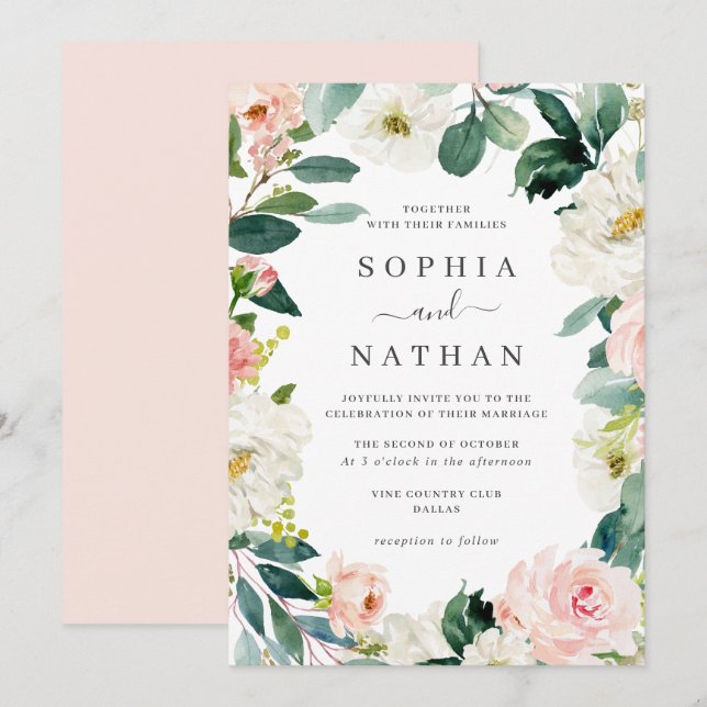Invitation Couronne florale rose mariage   (Devant / Derrière)