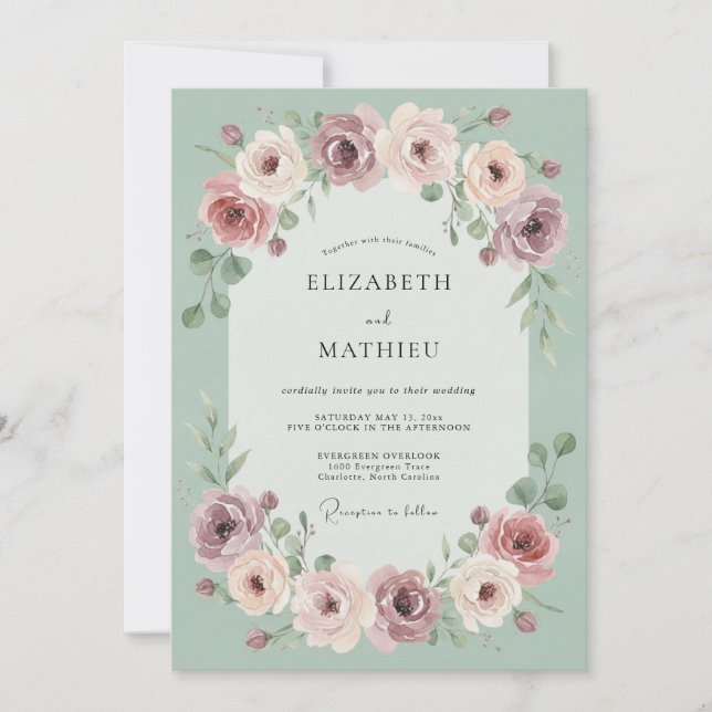 Invitation Couronne florale rose mariage de sage (Devant)