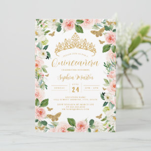 Invitation Couronne florale rose or papillon Quinceanera 