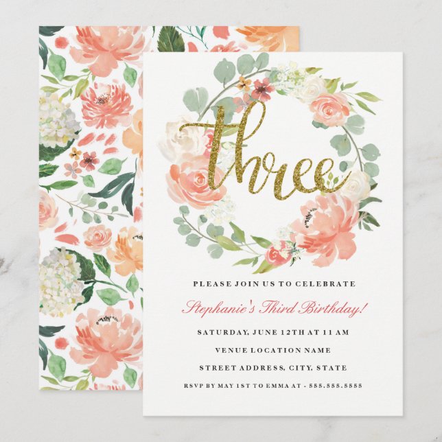 Invitation Couronne Florale Rose Or pour 3ème Anni (Devant / Derrière)