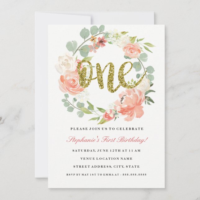 Invitation Couronne Florale Rose Or pour Premier A (Devant)
