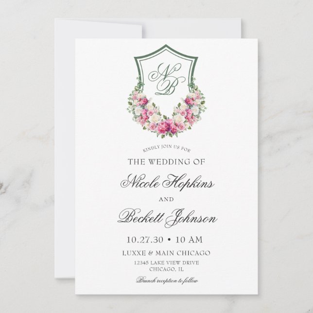 Invitation Couronne florale rose pour mariage (Devant)