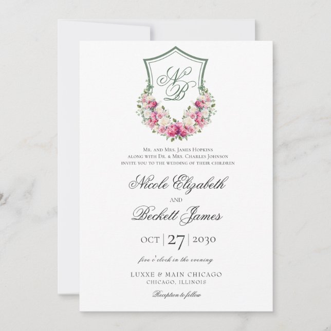 Invitation Couronne florale rose pour mariage (Devant)