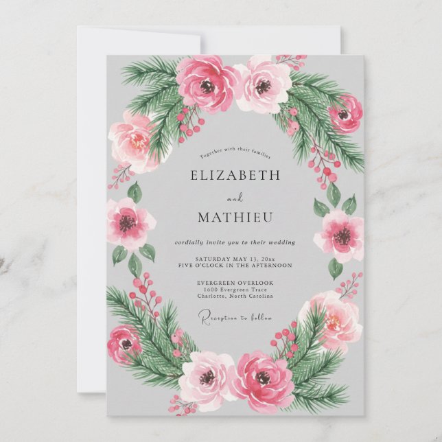 Invitation Couronne florale rose pour mariage printanier (Devant)