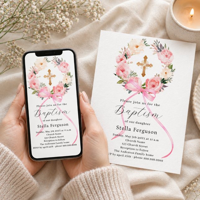 Invitation Couronne florale rose ruban croix baptême fille (Créateur téléchargé)
