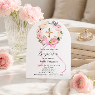 Invitation Couronne florale rose ruban croix fille baptême ar