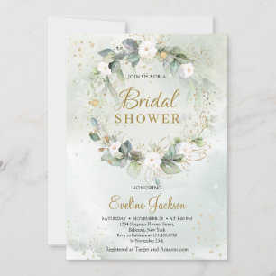 Invitation Couronne florale roses blanches verdure eucalyptus