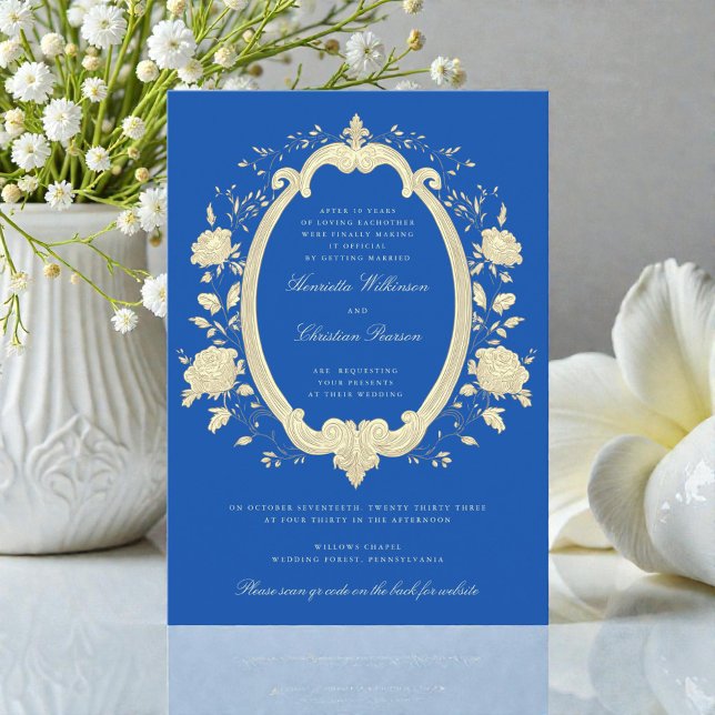 Invitation Couronne florale royale bleu or site web de mariag (Créateur téléchargé)