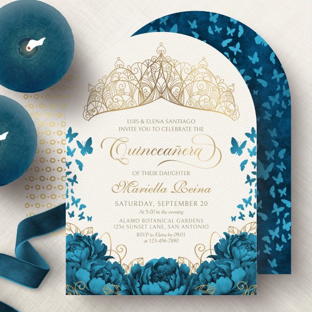 Invitation Couronne florale royale dorée sarcelle pour Quince (Créateur téléchargé)