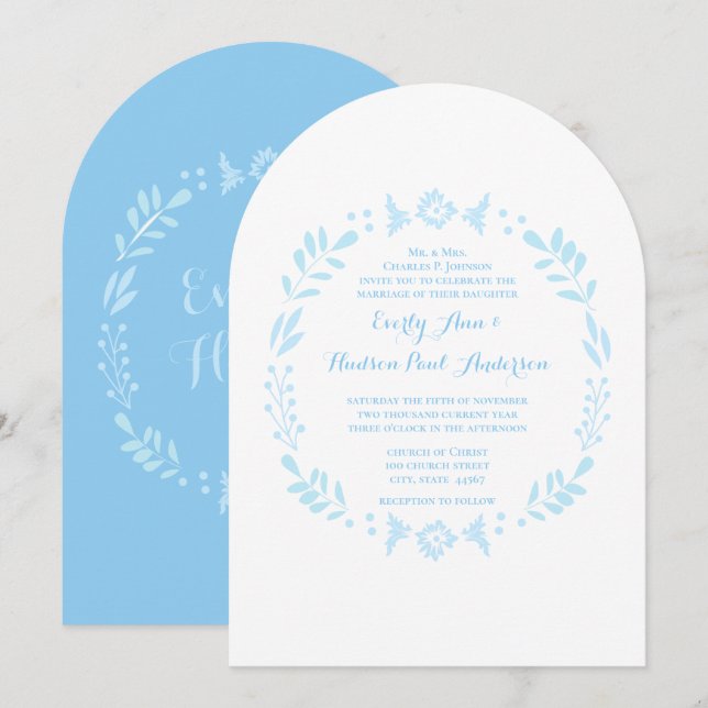 Invitation Couronne florale rustique Art populaire Bleu Maria (Devant / Derrière)