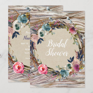 Invitation Couronne florale rustique avec grain de bois pour 