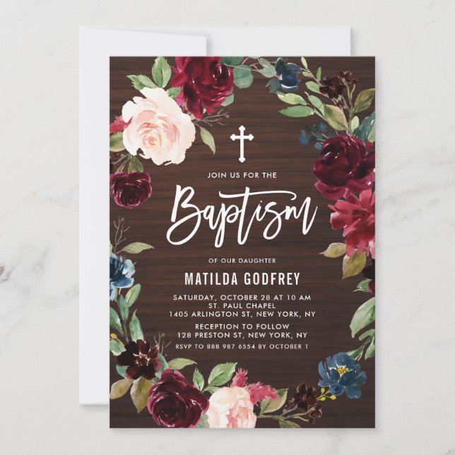 Invitation Couronne florale rustique en bois bordeaux pour ba (Devant)