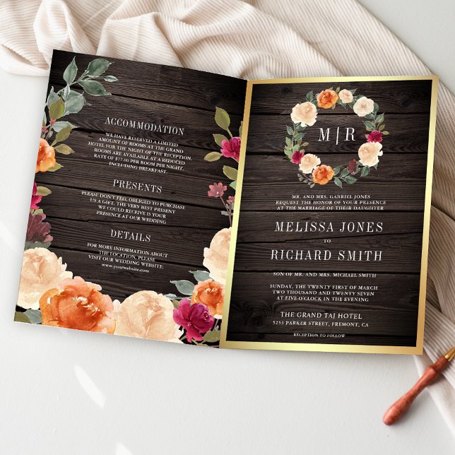Invitation Couronne florale rustique en bois QR Code mariage (Créateur téléchargé)