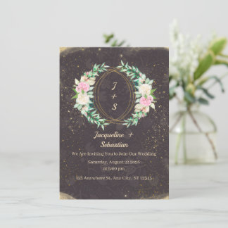 Invitation Couronne florale scintillante dorée Mariage